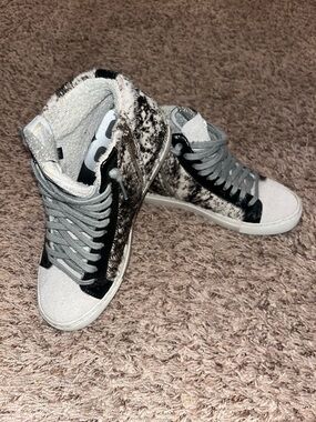 P448 High-Top Women's Casual Sneakers in Gray and Black animal print with silver
